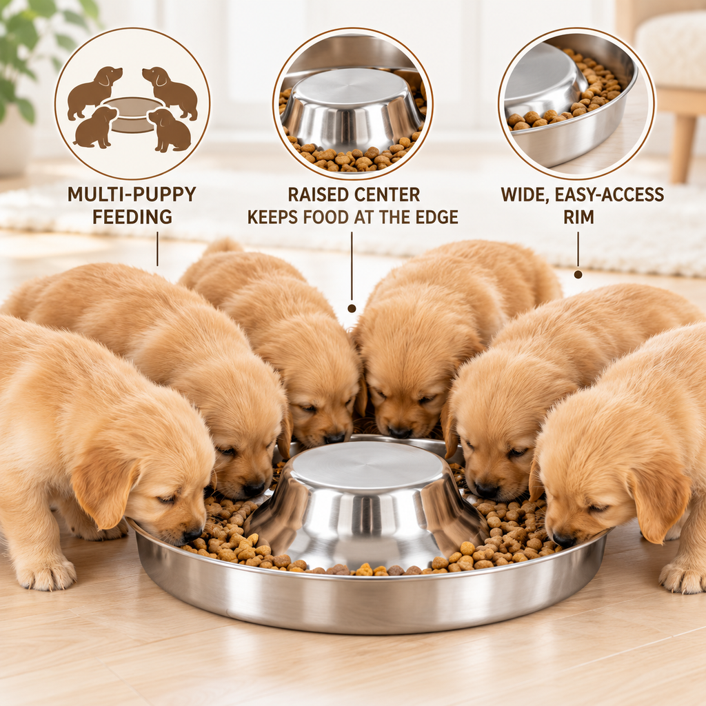 AEELLEEA 14.5" Stainless Steel Puppy Feeding Pan with Raised Center, Multi-Puppy Dog Food Bowl