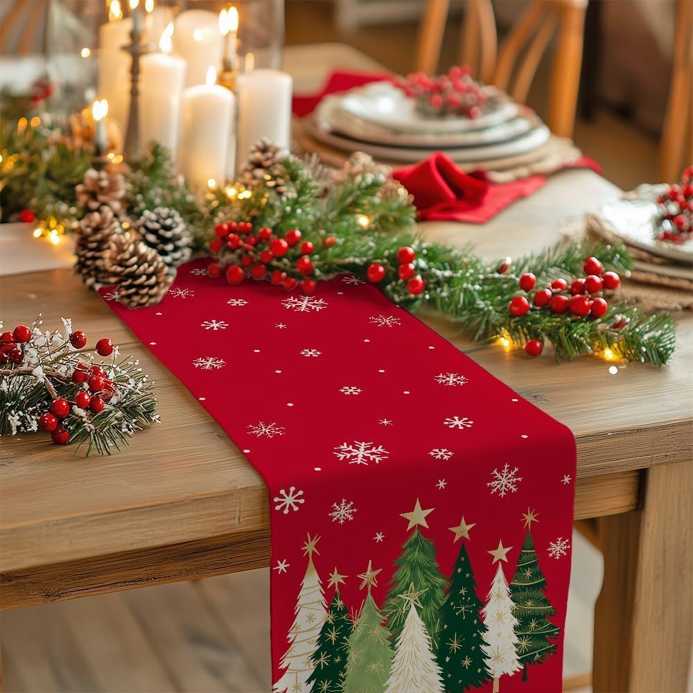 Christmas Table Runner, 13×72 Inch Faux Linen Polyester, Christmas Tree & Snowflake Print, Machine Washable Holiday Table Decoration