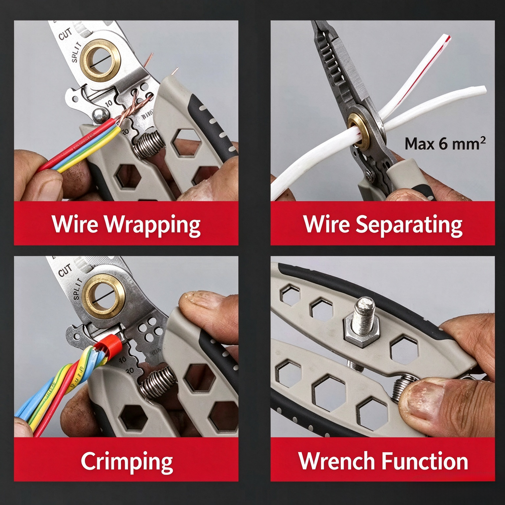 Multifunctional Wire Stripper, 6 in 1 Wire Stripping Pliers with Hex Wrench, Self-Locking Electrician Tool for Wire Stripping, Cutting, Crimping & Separating Wires