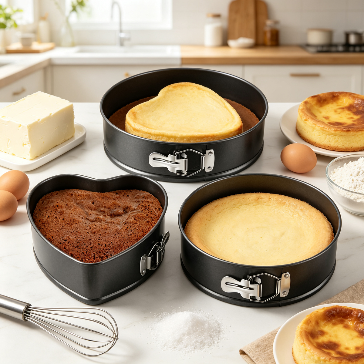 AEELLEEA 3 Pack Springform Cake Pans, Heart Round Square Nonstick Leakproof Cheesecake Molds with Removable Bottom for Baking