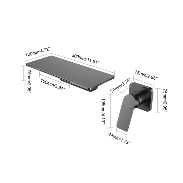 AEELLEEA Wall Mount Waterfall Bathroom Faucet, Single Handle 2-Piece Sink Faucet with Wide Spout, Gunmetal Gray