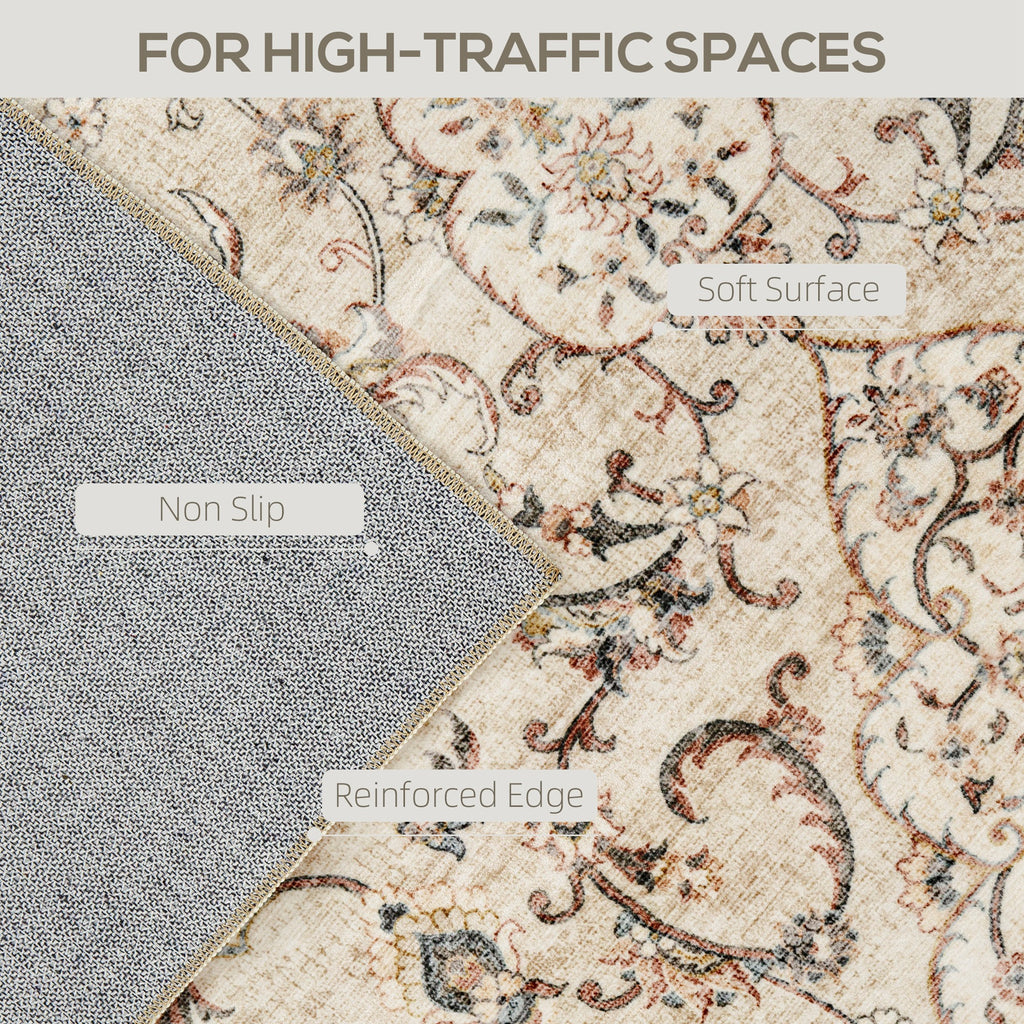 6'x4' Vintage Floral Area Rug, Machine Washable Non Slip Thin Rug with TPR Backing, Stitched Edge Distressed Carpet for Living Room Bedroom