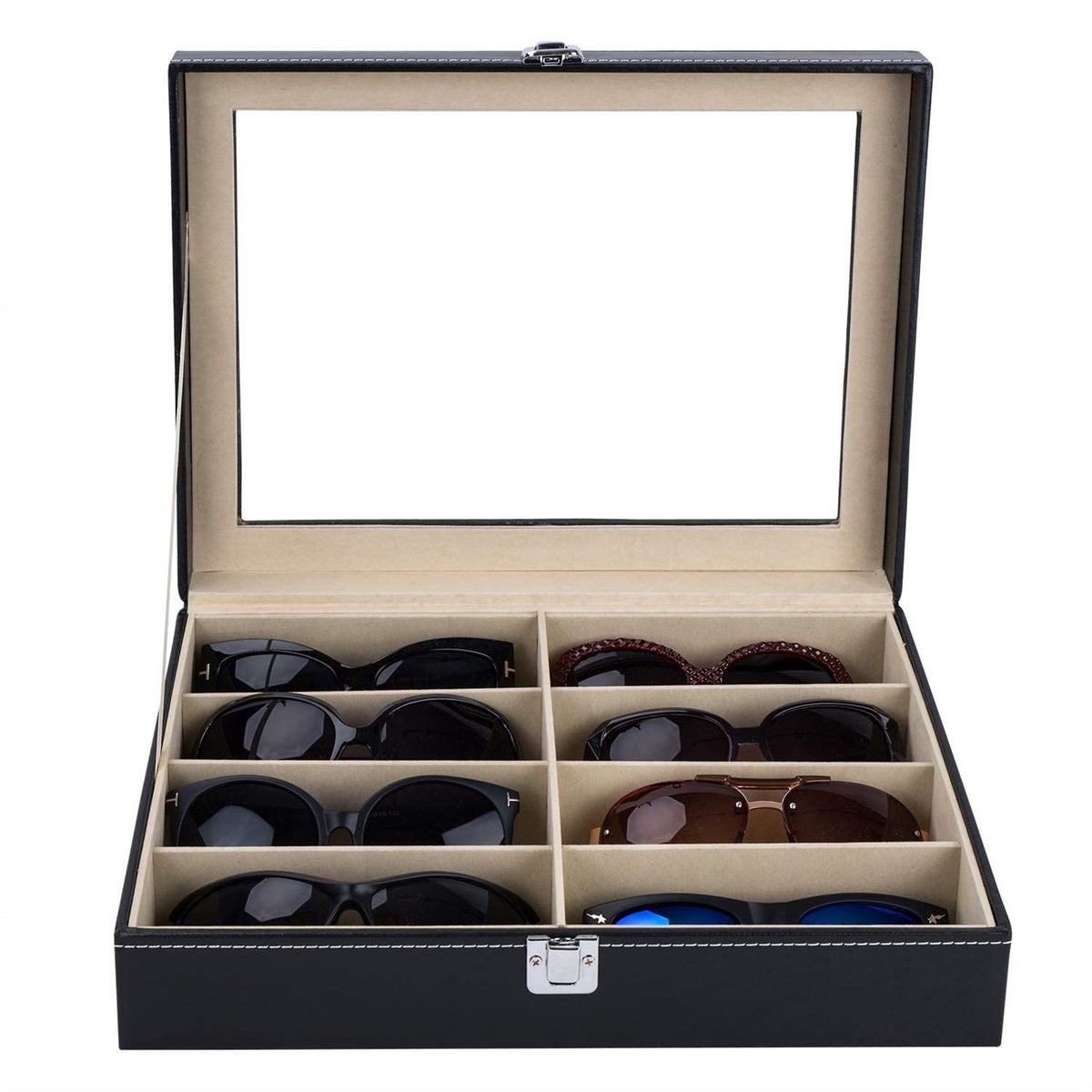 AEELLEEA-Leather Multi Sunglasses Organizer for Women & Men, Eyeglass Display Storage Box with 8 Slots, Black Eyewear Holder for Sunglasses Collection