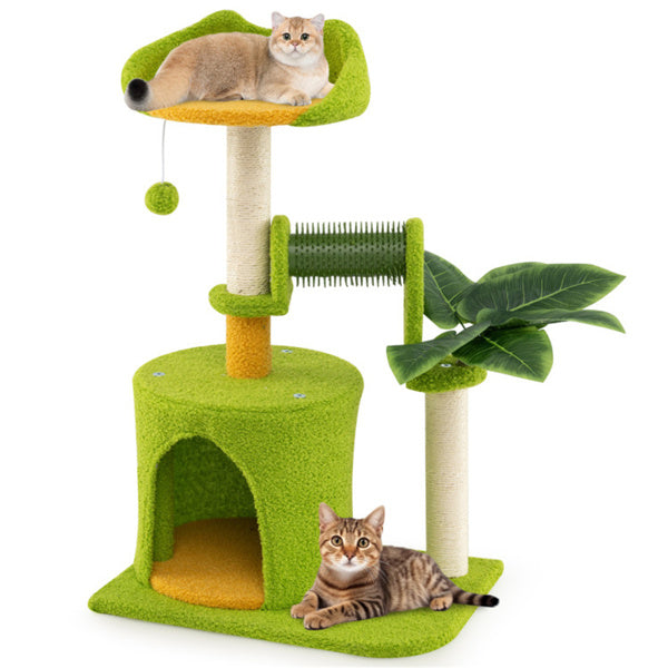 AEELLEEA 31-Inch Cat Tree Tower with Sisal Scratching Posts, Cat Condo, Self-Groomer and Hanging Pom-Pom Toy, Green