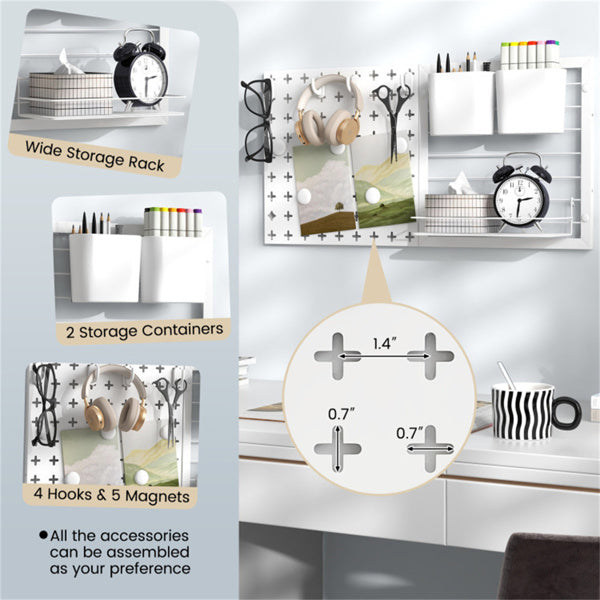 AEELLEEA Wall-Mounted Pegboard Organizer with Storage Bins, Hooks, Magnets and Shelf, Metal Wall Storage for Kitchen or Office