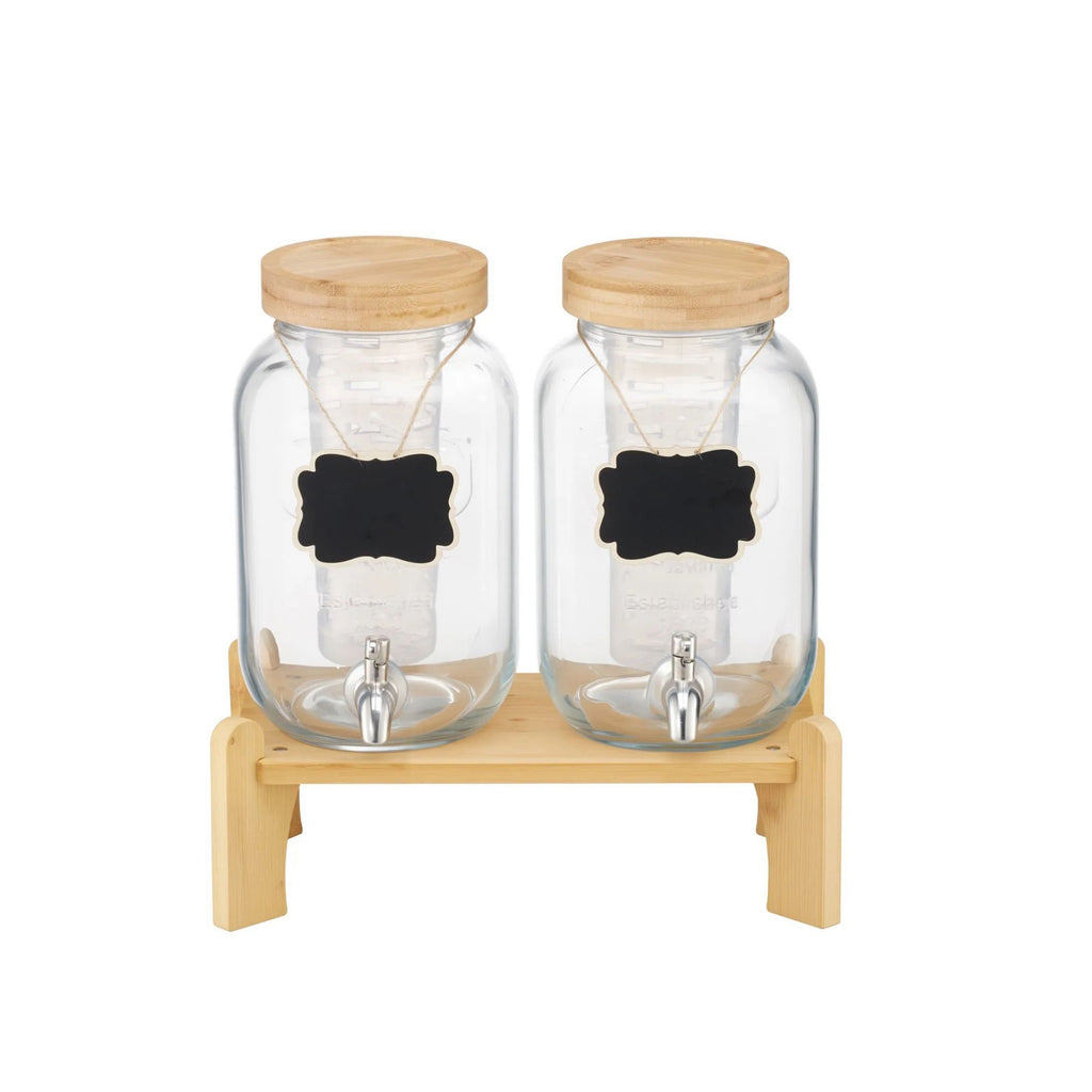 AEELLEEA 2 Pack 1 Gallon Glass Beverage Dispenser with Bamboo Stand & Spigot, 13.78"x13.39" Drink Jar for Party