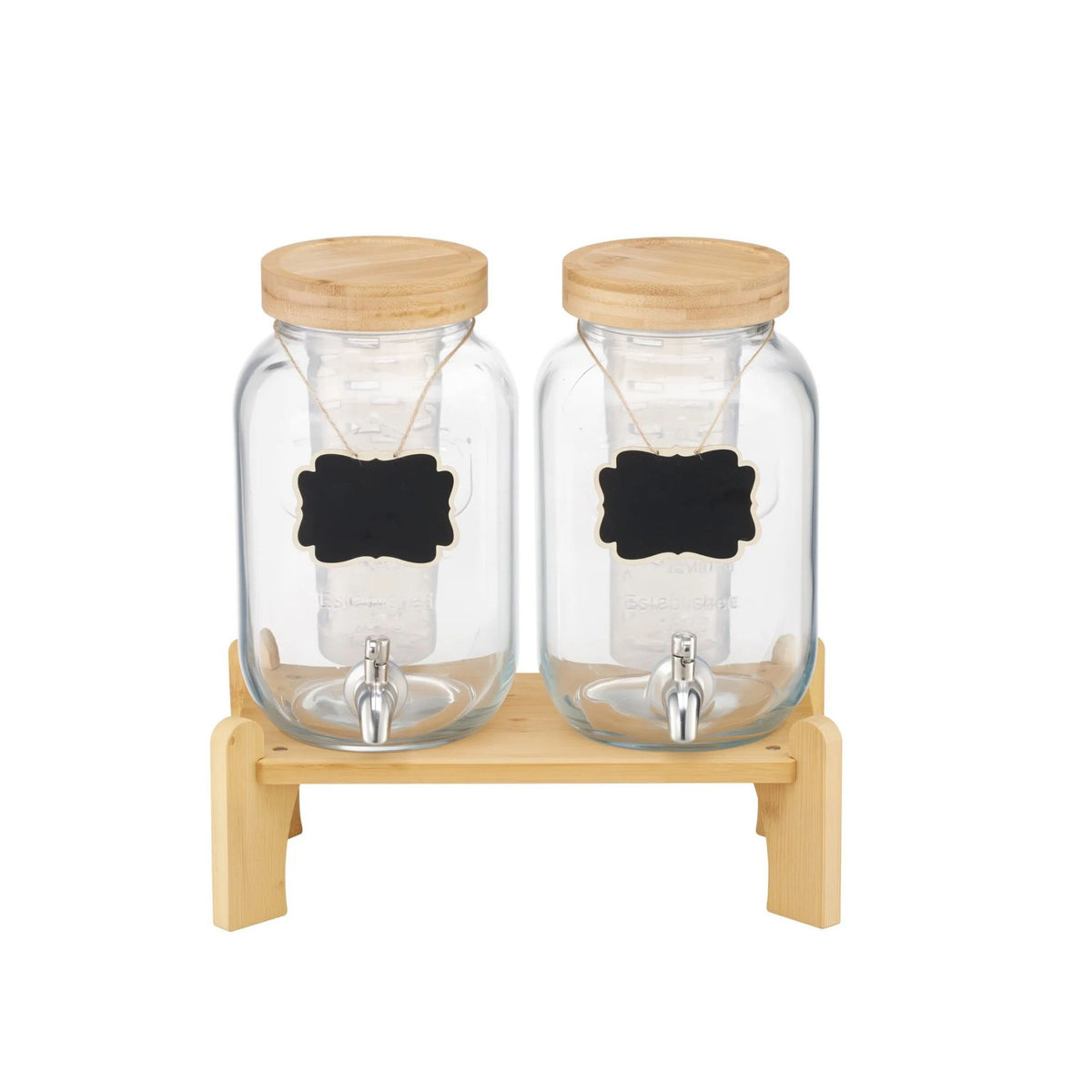 AEELLEEA 2 Pack 1 Gallon Glass Beverage Dispenser with Bamboo Stand & Spigot, 13.78"x13.39" Drink Jar for Party