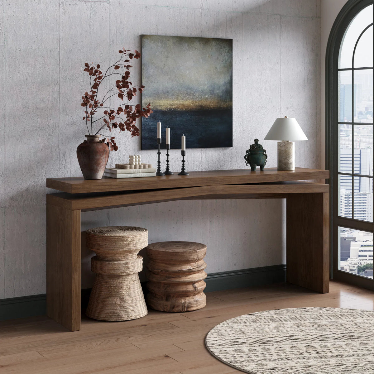 Rustic Farmhouse 65 Inch Console Table, Antique Brown Wood Veneer Sofa Table for Entryway & Living Room