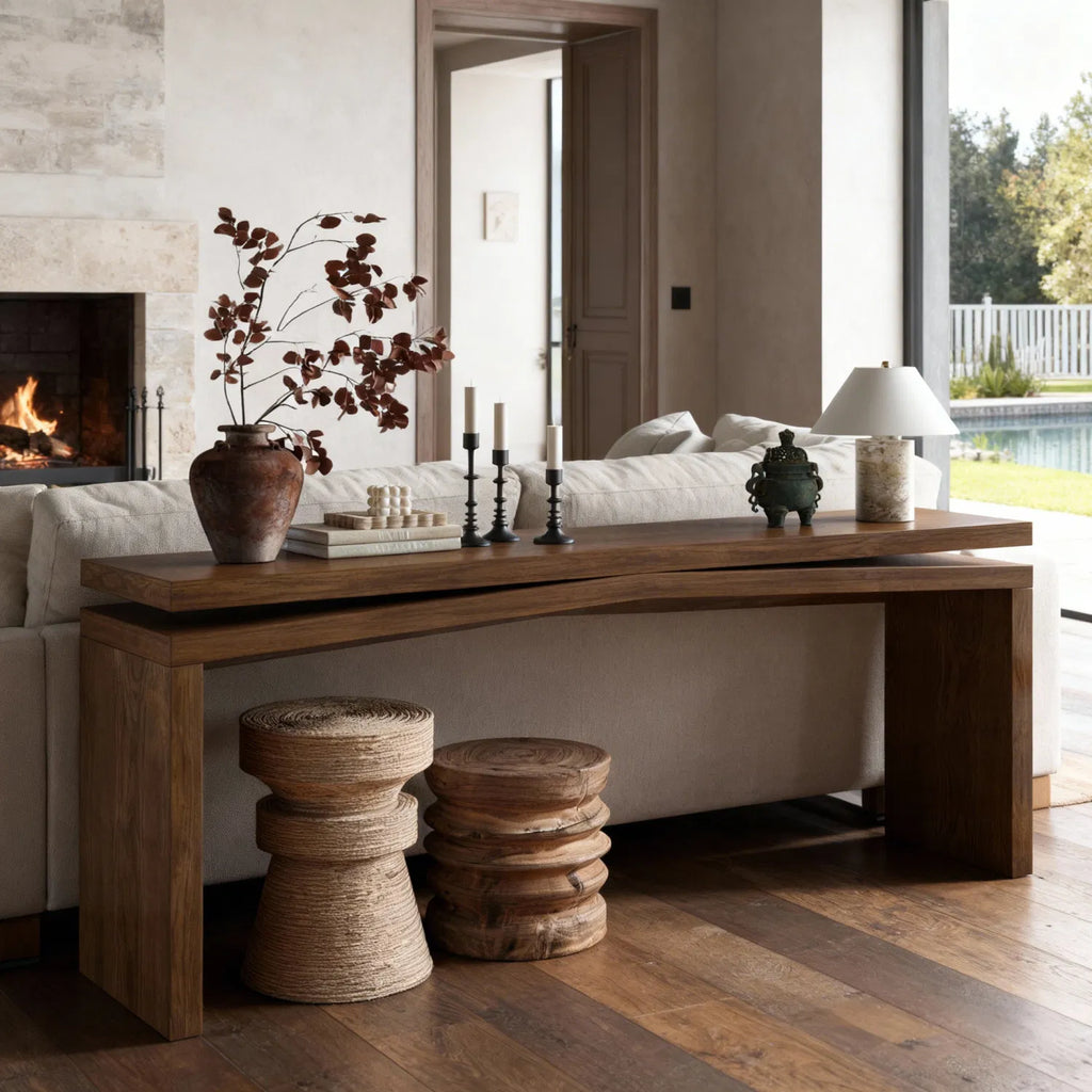 Rustic Farmhouse 65 Inch Console Table, Antique Brown Wood Veneer Sofa Table for Entryway & Living Room