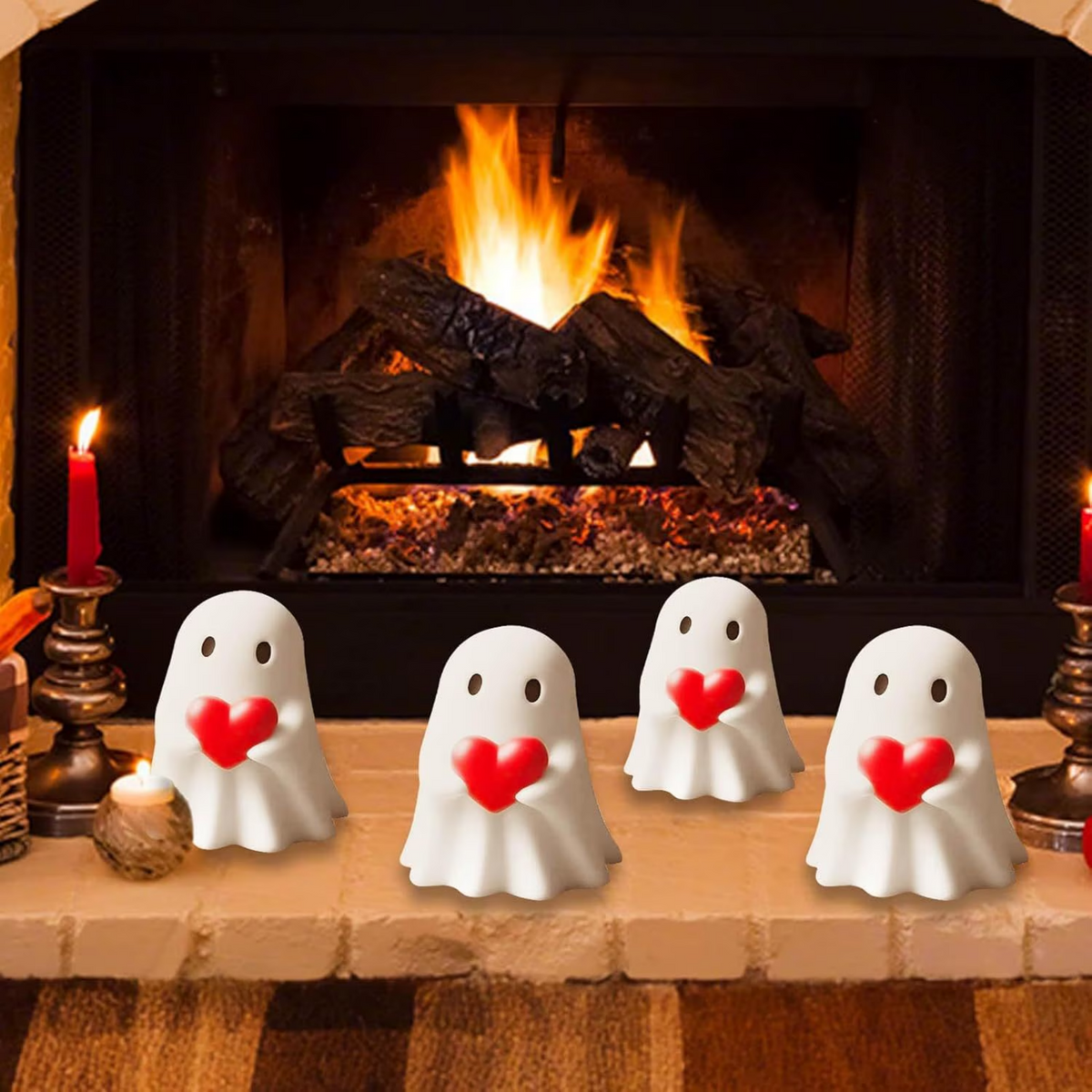 AEELLEEA Cute Ghost Figurine with Red Heart, Resin Halloween Tabletop Decor, Small Spooky Ghost Statue for Desktop Shelf Home Holiday Decoration