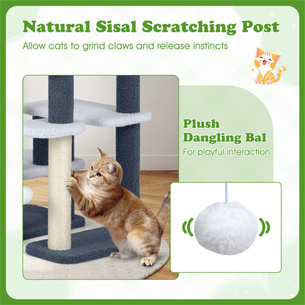 AEELLEEA 30-Inch Cat Tree with Multi-Level Cat Stairs, Sisal Scratching Post and Hanging Plush Ball, Gray and White