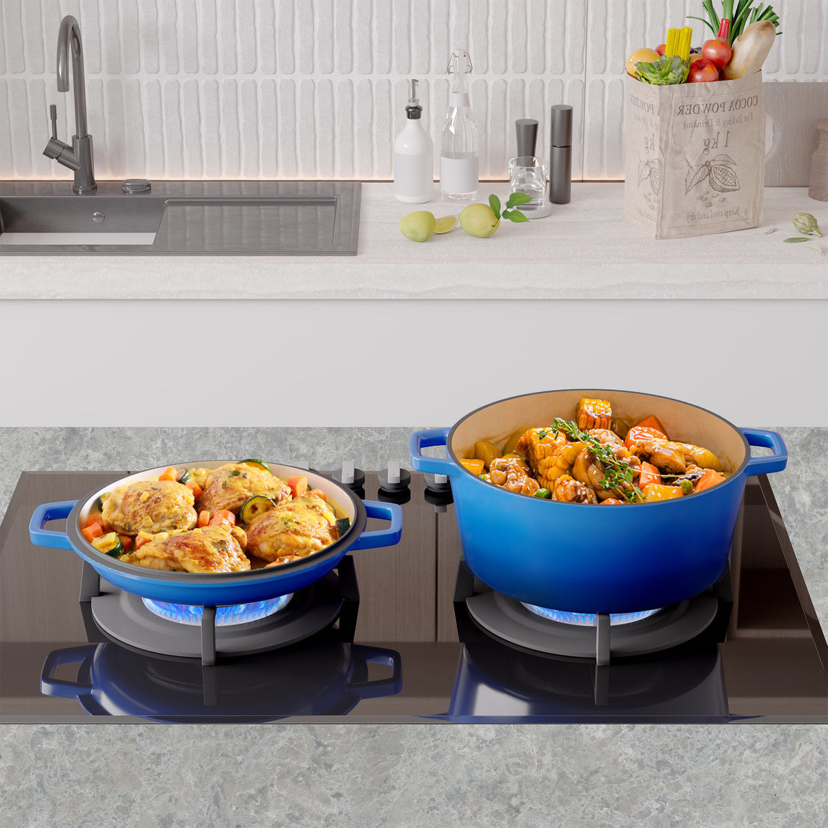 2 in 1 Enameled Cast Iron Dutch Oven, Multi-Functional Cover as Skillet, Dual Handles, Oven Safe, 3 Colors Available for Baking, Braising, Stewing
