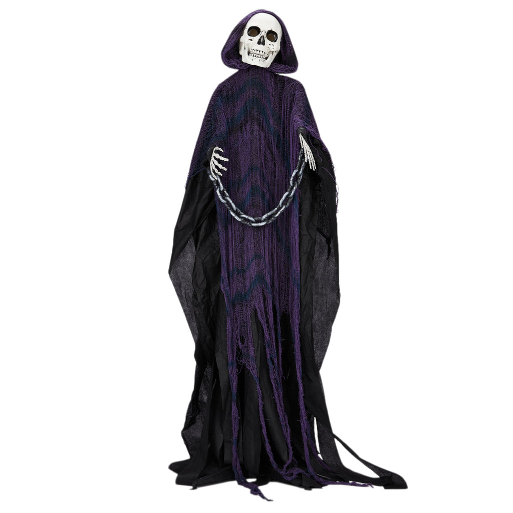 Halloween Decoration 6FT Animated Grim Reaper  – Sound-Activated with Glowing Red Eyes, Moving Head & Hands, Horror Voice & Scream, Battery-Powered for Indoor/Outdoor Yard, Haunted House. Does Not Contain Batteries.