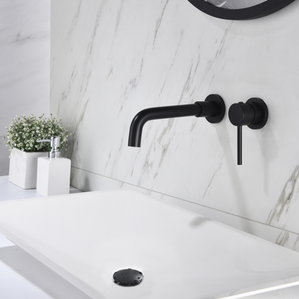 AEELLEEA Wall Mount Bathroom Sink Faucet with Pop-Up Drain, Single Handle Hot and Cold Water Faucet Set, Matte Black