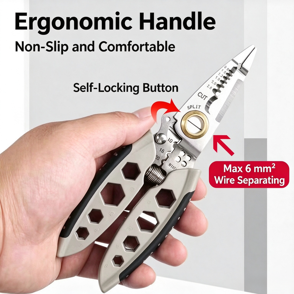 Multifunctional Wire Stripper, 6 in 1 Wire Stripping Pliers with Hex Wrench, Self-Locking Electrician Tool for Wire Stripping, Cutting, Crimping & Separating Wires