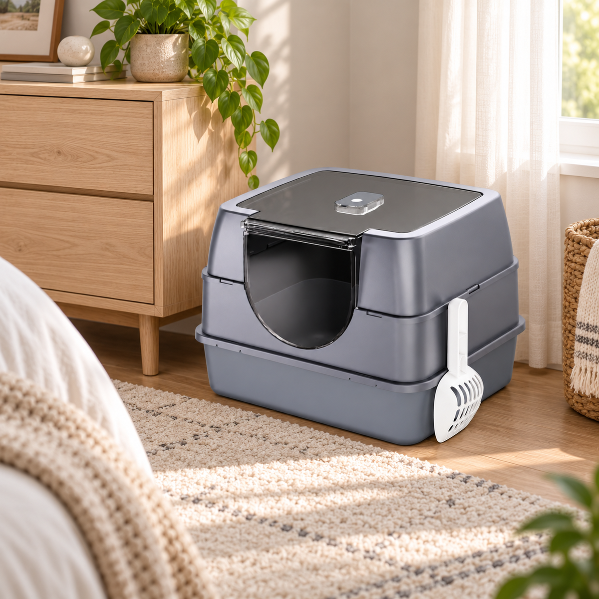 Fully Enclosed Hooded Cat Litter Box with Flip Top Lid, Odor Control Large Kitty Litter Pan with Scoop for Indoor Cats
