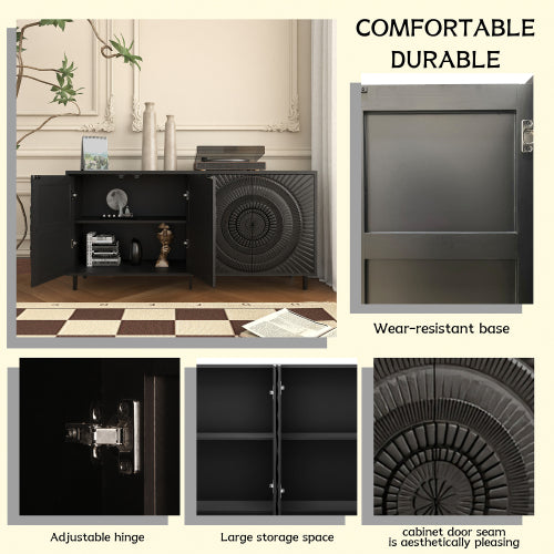AEELLEEA Modern Black Sideboard Buffet Cabinet with 4 Doors, 3D Circular Pattern Storage Cabinet with Metal Legs for Dining Room