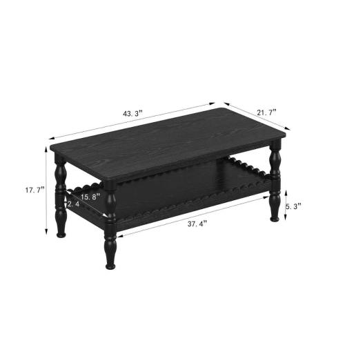 AEELLEEA 43.3" Black Farmhouse Coffee Table with Storage Shelf, Rustic Rectangular Living Room Center Table with Turned Legs