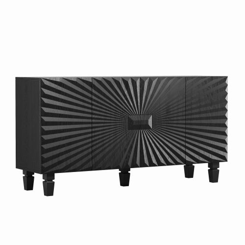 AEELLEEA 59" Black Sideboard Buffet Cabinet with 4 Sunburst Textured Doors, Modern Storage Credenza with Shelves for Living Room