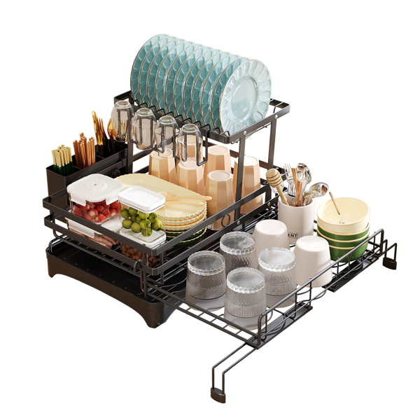 Expandable 2 Tier Dish Drying Rack with Drainboard Utensil Holder, Black Metal Over Sink Dish Drainer with Quick Dry Mat for Kitchen Countertop