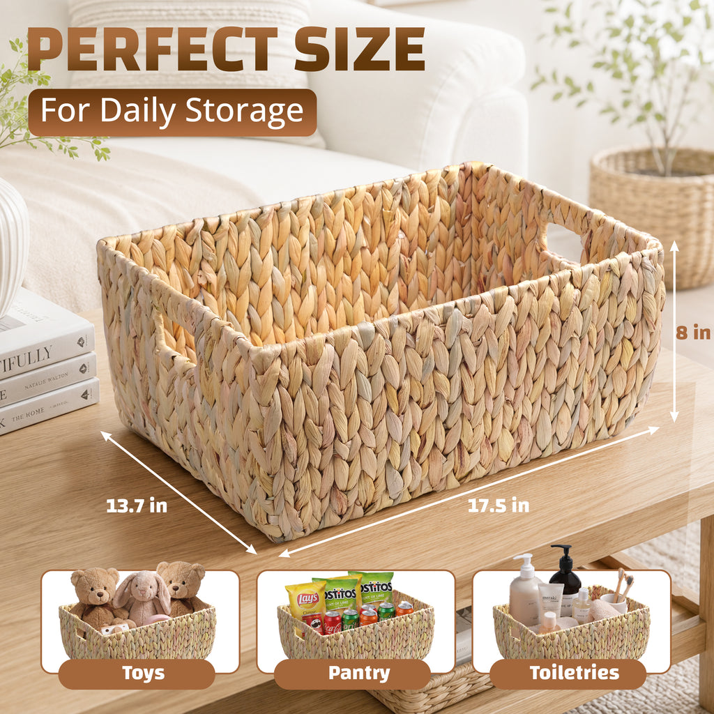Water Hyacinth Storage Basket with Handles, Handwoven Arrow Weave Organizer Bin for Shelves, Closet, Nursery, or Living Room