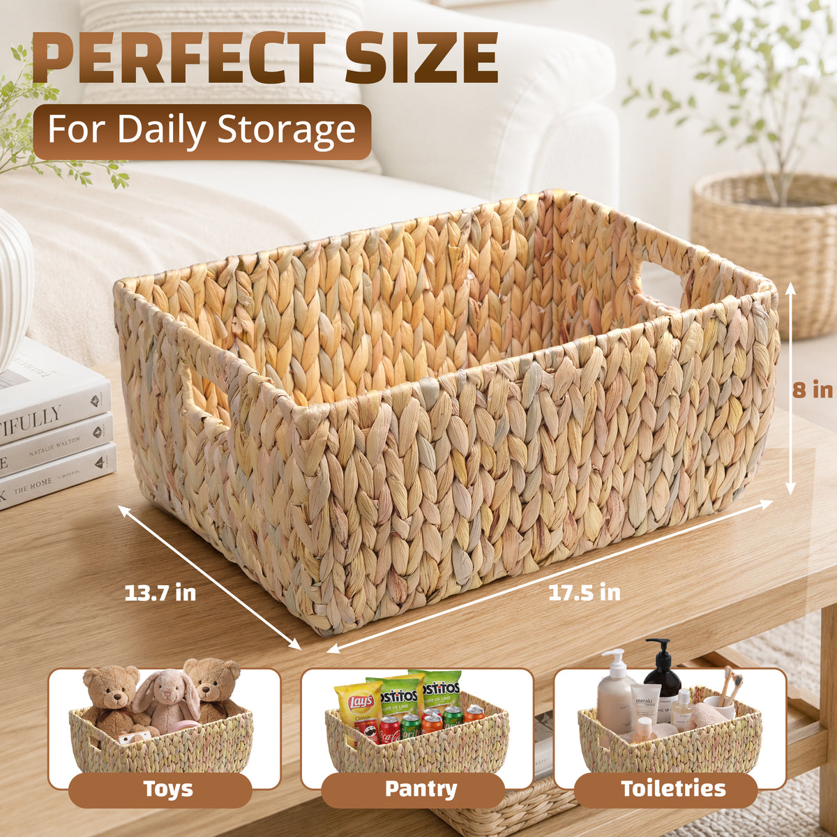 Water Hyacinth Storage Basket with Handles, Handwoven Arrow Weave Organizer Bin for Shelves, Closet, Nursery, or Living Room