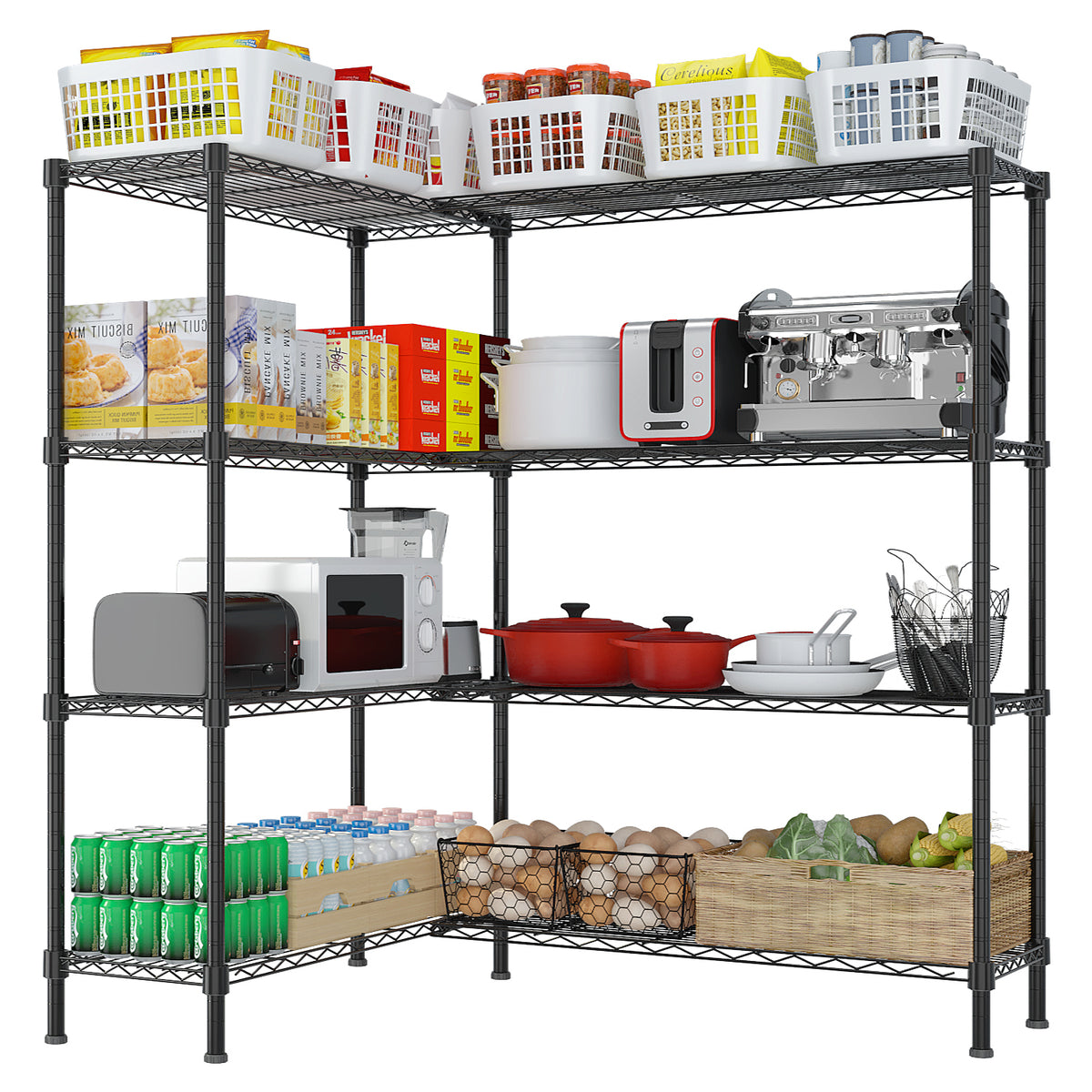AEELLEEA 4-Tier Wire Storage Shelving Unit, 59.1"W x13.8"D x57.9"H, Heavy Duty Adjustable Metal Rack, Convertible L or H Shape