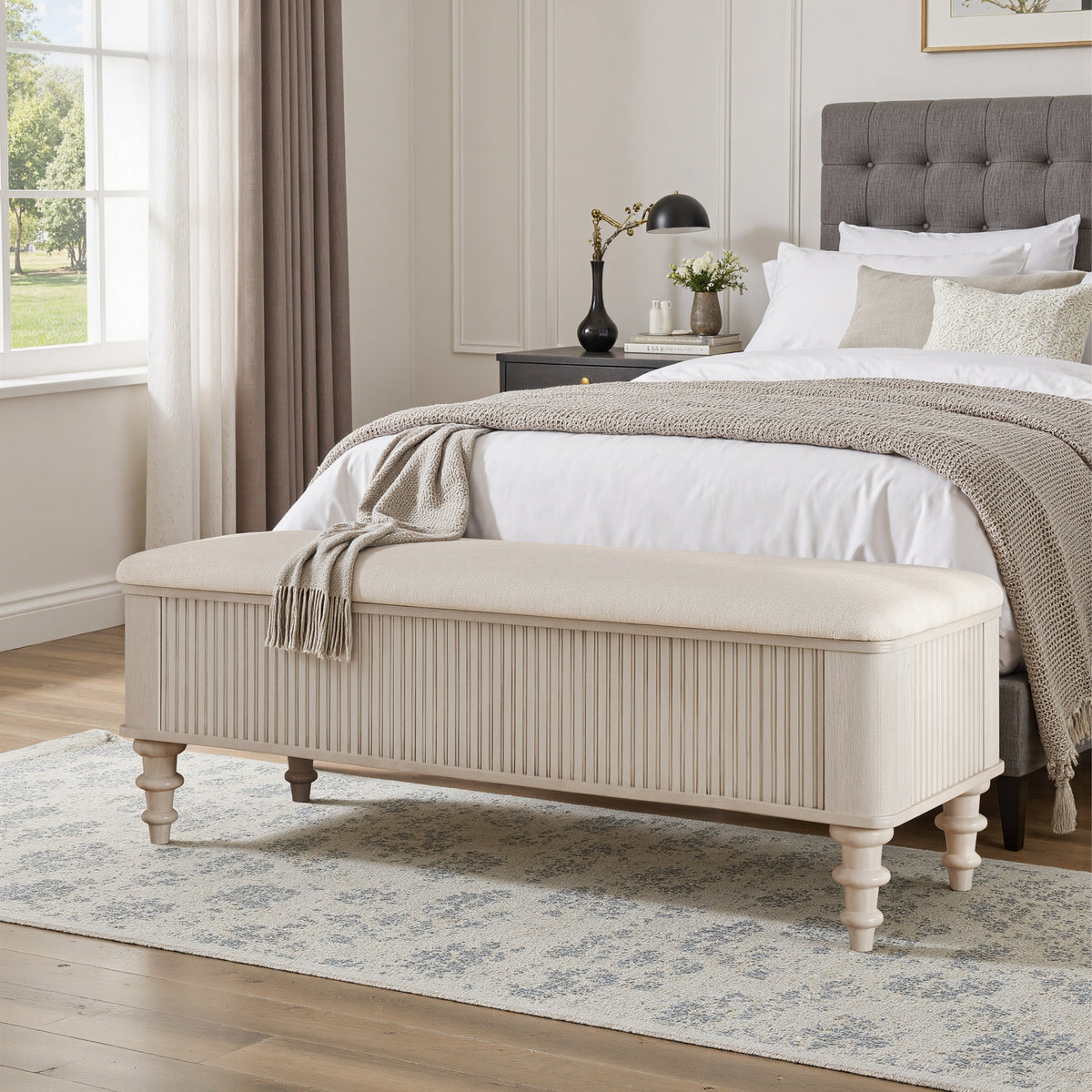 AEELLEEA 50.8" Beige Storage Ottoman Bench, Rubberwood Bed End Bench, Linen Upholstery Hidden Storage for Bedroom Entryway