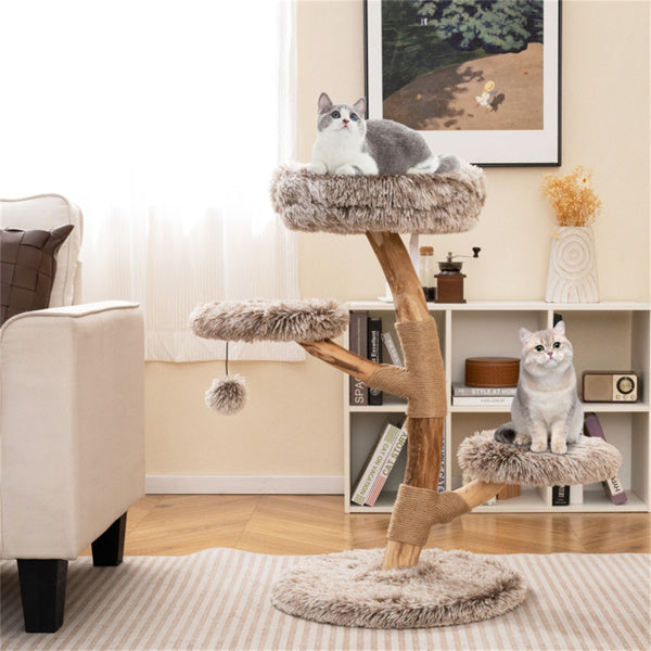 AEELLEEA 35.5-Inch Natural Wood Cat Tree with Plush Perches, Sisal Scratching Posts and Hanging Pom-Pom Toy