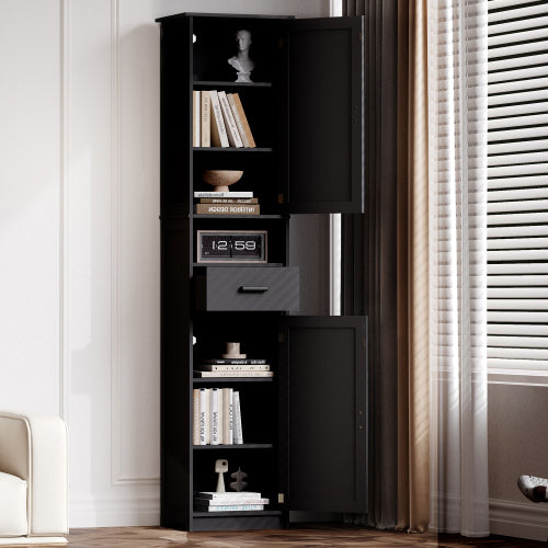 AEELLEEA Tall Narrow Storage Cabinet with Adjustable Shelves, Drawer and 2 Doors, Black