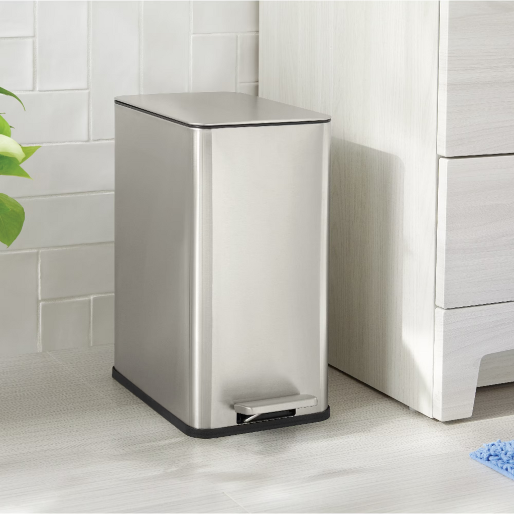 AEELLEEA-Bathroom Trash Can, 2.6 Gallon Stainless Steel Step Garbage Bin with Soft Close Lid, Silver
