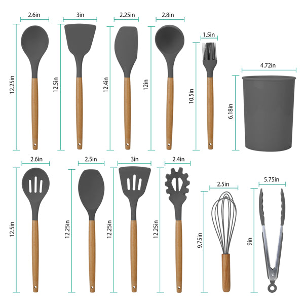 12 Pcs Silicone Kitchen Utensil Set with Bamboo Handles, Gray Cooking Tools with Holder, Heat Resistant Nonstick Spatula Set