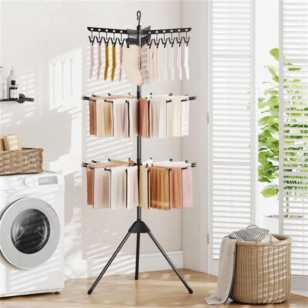 3‑Tier Foldable Tripod Clothes Drying Rack, Space‑Saving Laundry Dryer with 24 Clips & 32 Drying Rods, 70 Inch