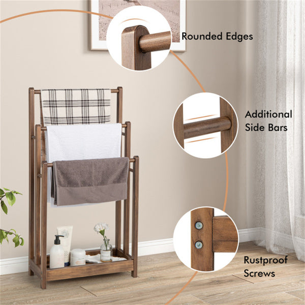 Towel Rack Stand 3 Tier, Brown Solid Wood Freestanding Towel Ladder with Shelf, Anti Toppling Towel Rack for Bathroom Laundry