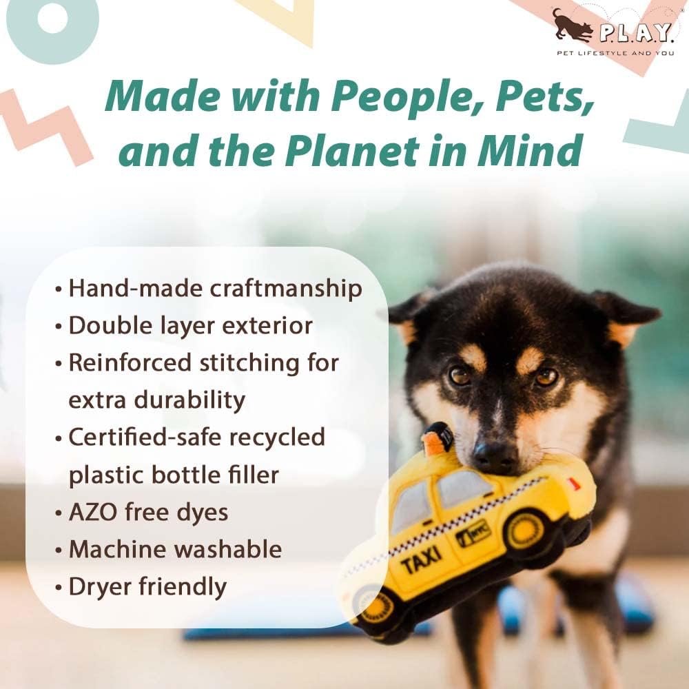 P.L.A.Y. Cute Plush Dog Toys - Canine Commute, Travel Themed Durable Squeaker Chew Toy, Great for Puppies & Small, Medium, Large Dog Breeds - Machine Washable, Recycled Materials (New-Yap City Taxi)