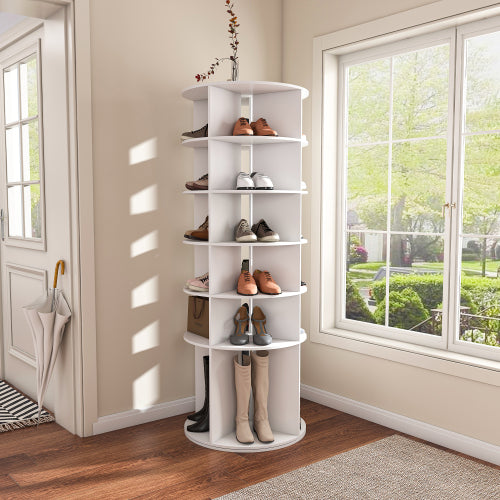 AEELLEEA 6-Tier 360° Rotating Shoe Rack Tower, Freestanding Spinning Shoe Organizer, Holds 30 Pairs, High Bottom for Long Boots, White