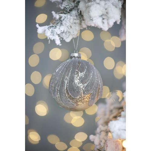 AEELLEEA 3.9" Grey Flocked Wave Glass Christmas Ornaments Set of 6, Silver Glitter Hanging Baubles for Xmas Tree Holiday Decor