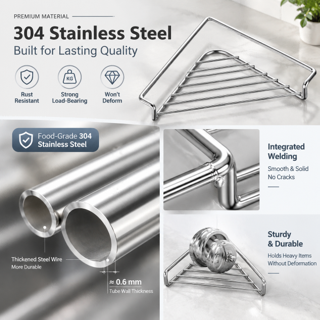304 Stainless Steel Over The Sink Kitchen Storage Rack, Rustproof Sink Caddy for Sponge, Brush and Dish Cloth