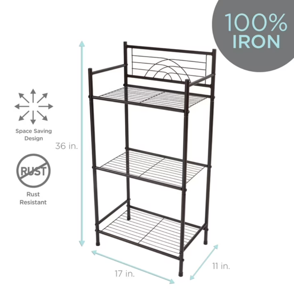 AEELLEEA 17" x 11" x 36" 3-Tier Iron Bathroom Shelf, Freestanding Rust Resistant Storage Rack for Bathroom & Kitchen