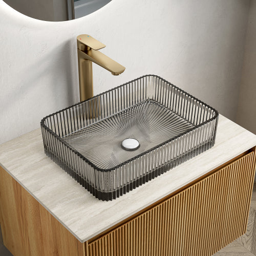 Rectangular Glass Vessel Sink 17.91x13 Inch, Smoked Gray Ribbed Bathroom Vanity Bowl, Above Counter Glass Sink Basin