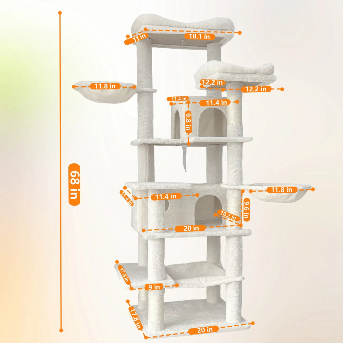 68 Inch Multi‑Level Cat Tree Tower, Cat Activity Center with Hammocks, Hanging Basket, Cat Condo, Removable Cushions & Sisal Scratching Posts