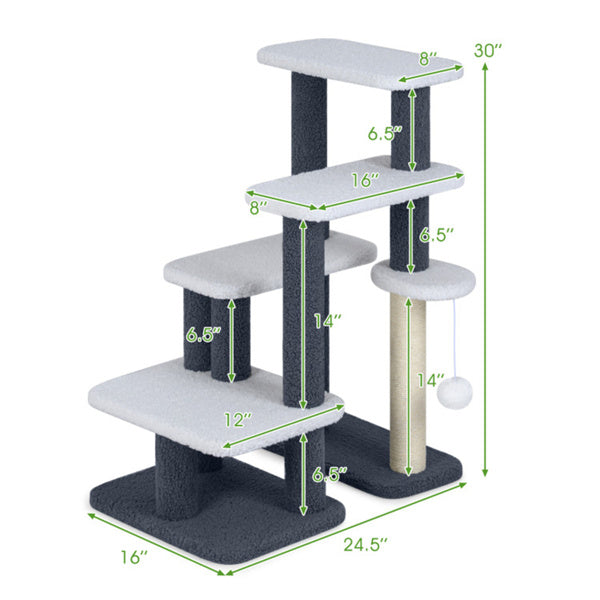 AEELLEEA 30-Inch Cat Tree with Multi-Level Cat Stairs, Sisal Scratching Post and Hanging Plush Ball, Gray and White