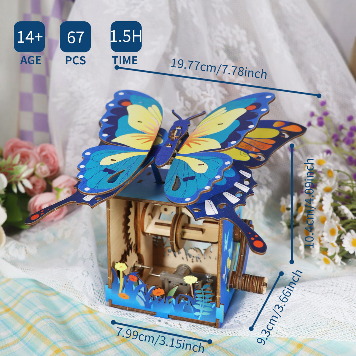 Wooden Butterfly Music Box 3D Puzzle, Hand Crank DIY Assembly Mechanical Music Kit, Gift for Teens 14+