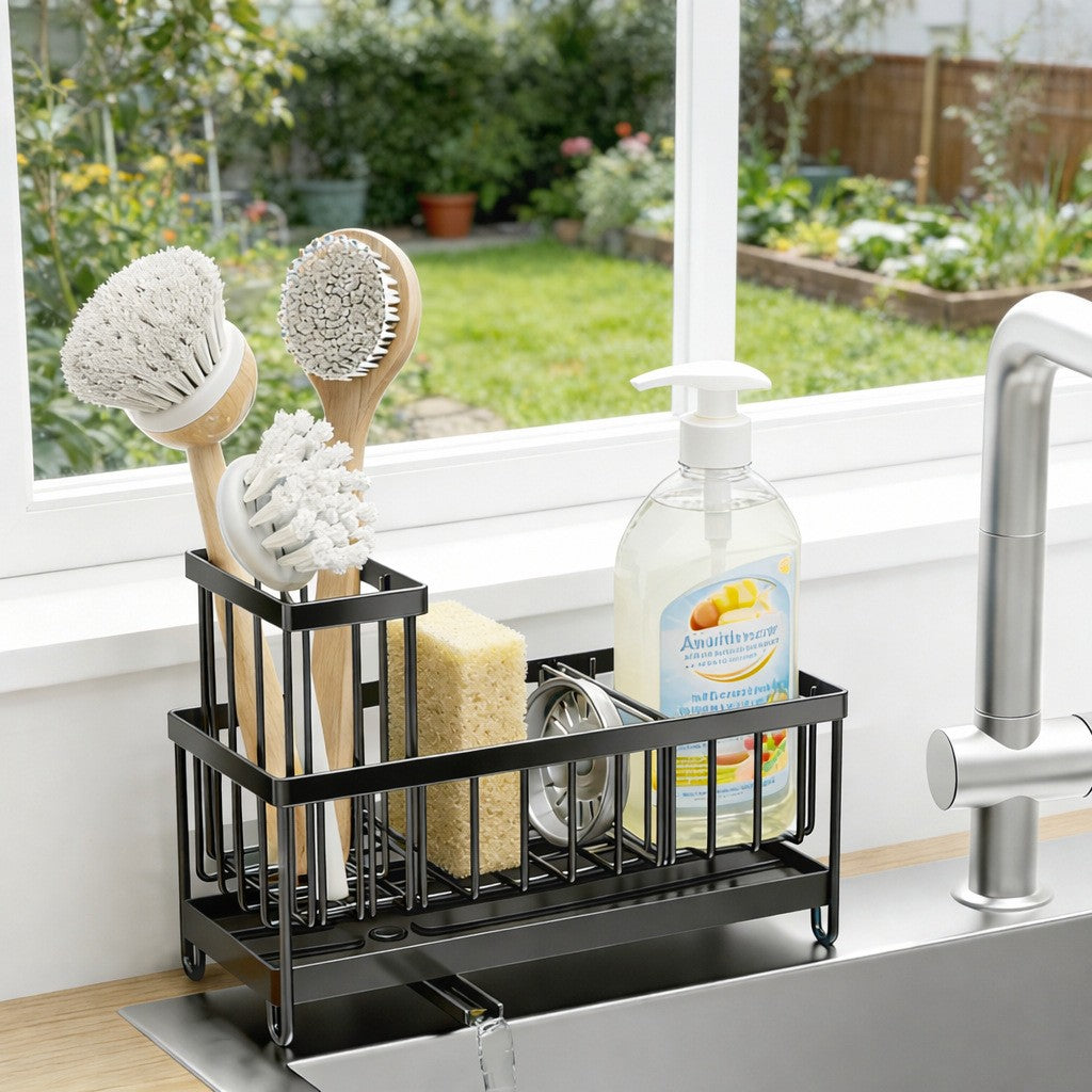 AEELLEEA-Kitchen Sink Rack, Sponge Holder & Soap Dish Drain Storage Organizer with Brush Holder