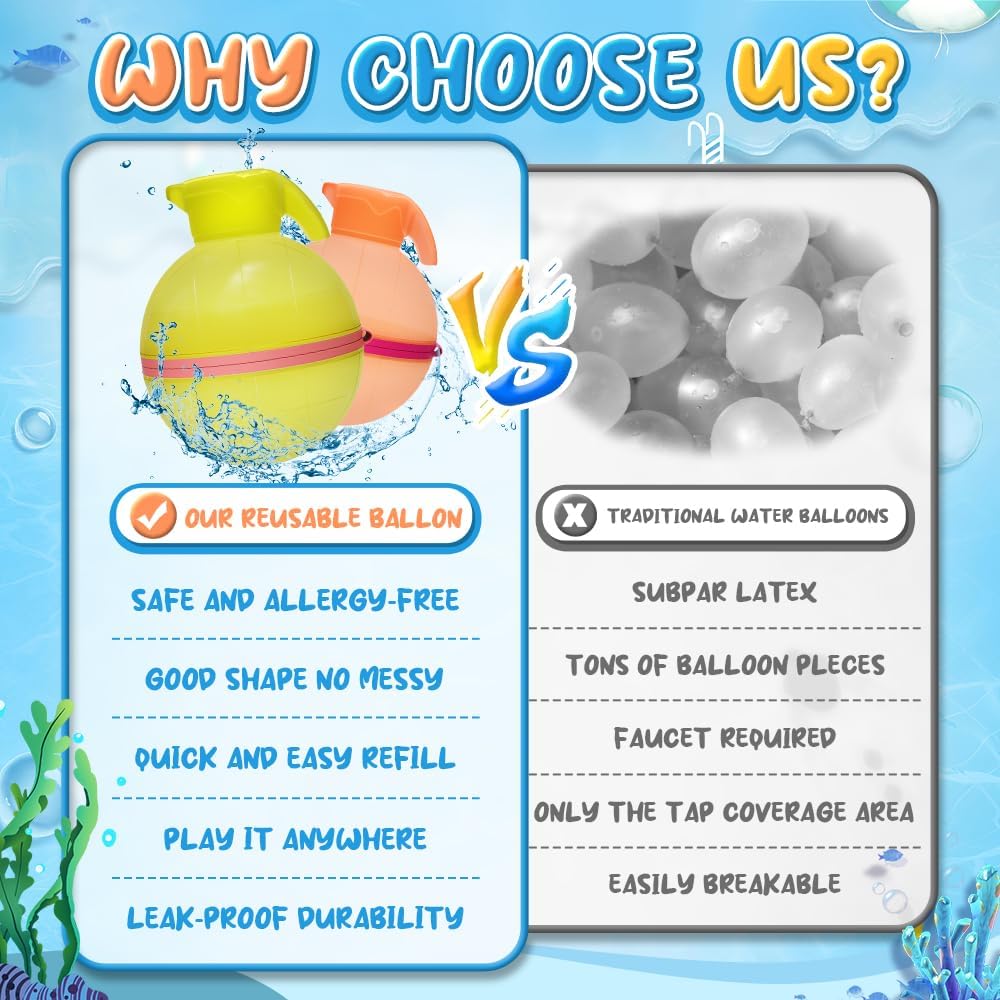 12 Pack Reusable Water Balloons, Quick Fill Silicone Water Bombs, Safe Eco‑Friendly Summer Water Toy for Kids, for Pool Beach Backyard Outdoor Water Fight Games