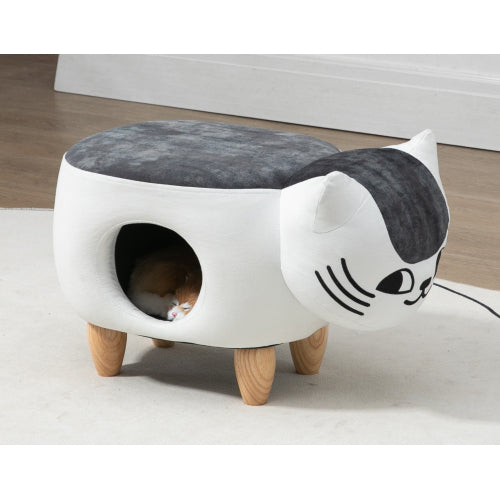AEELLEEA Cat Shaped Ottoman with Cat Cave, Multi-Functional Foot Stool with Solid Wood Legs, Pet House & Seat for Living Room
