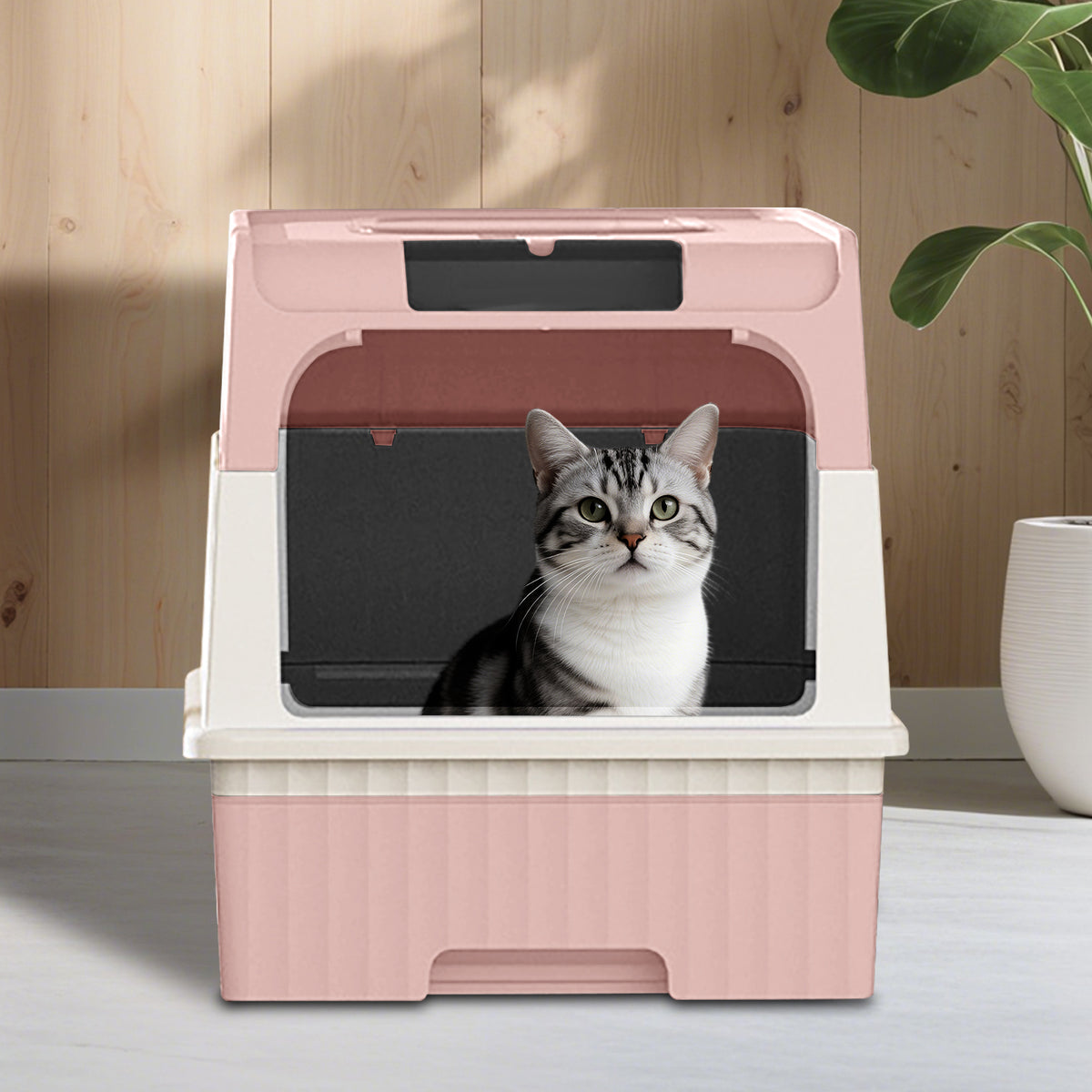 Enclosed Cat Litter Box with Drawer & Scoop, Covered Kitty Litter Box with Viewing Window & Deodorizer, Easy to Clean, for Medium Cats, Pink