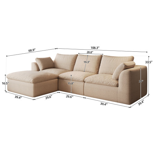 108" Sectional Sofa, 4-Seat L Shaped Couch with Left Chaise, Khaki Linen Cloud Couch for Living Room Apartment