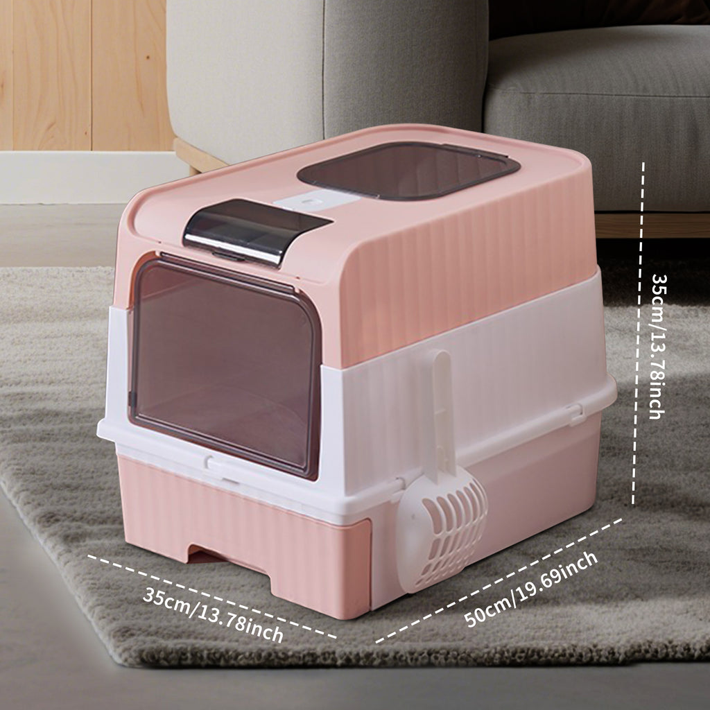 Enclosed Cat Litter Box with Drawer & Scoop, Covered Kitty Litter Box with Viewing Window & Deodorizer, Easy to Clean, for Medium Cats, Pink