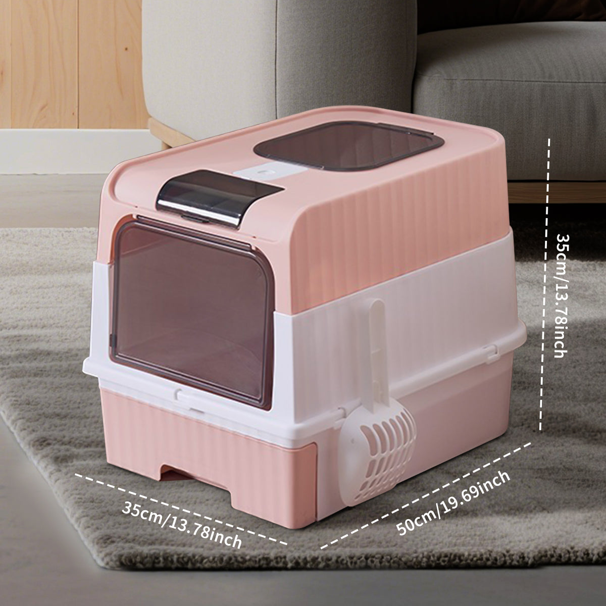Enclosed Cat Litter Box with Drawer & Scoop, Covered Kitty Litter Box with Viewing Window & Deodorizer, Easy to Clean, for Medium Cats, Pink